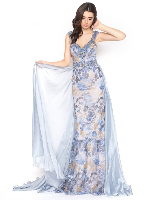 Mac Duggal - 79197D Embroidered V-neck Sheath/A-line Dress in Blue and Multi-Color