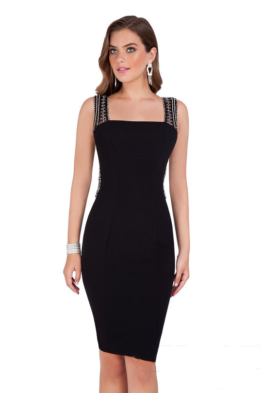 Terani Couture - 1611C0031A Beaded Square Neck Sheath Dress in Black