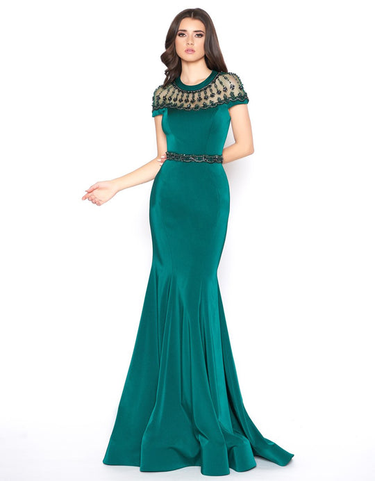 Mac Duggal - 79201D Beaded Jewel Neck Trumpet Dress With Train in Green