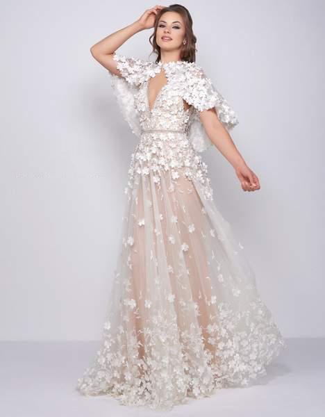 Mac Duggal Couture - 12145D Floral Applique V-neck A-line Dress In White and Neutral