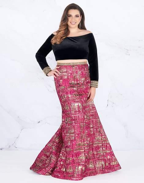 Mac Duggal Fabulouss - 66789F Two Piece Velvet Bateau Mermaid Dress in Black and Pink