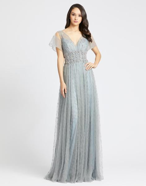 Mac Duggal Evening - 79219D Beaded Sheer Sleeves Empire Gown In Blue and Silver