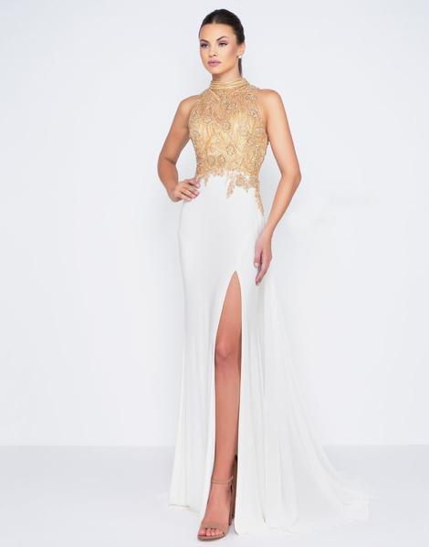 Mac Duggal Prom - 12106M Bedazzled High Neck Sheath Dress With Train In White and Gold