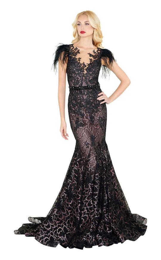 Mac Duggal Black White Red - 79230R Feathered Lace Mermaid Gown in Black 