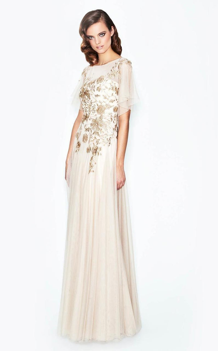 Daymor Couture - Floral Embroidered A-line Gown 568 in Neutral and Gold