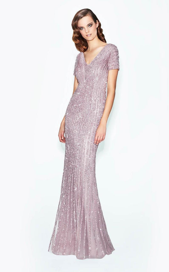 Daymor Couture - 574 Shimmering Shortsleeve V-Neck Evening Gown in Neutral