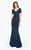 Daymor Couture - 574 Shimmering Shortsleeve V-Neck Evening Gown in Blue