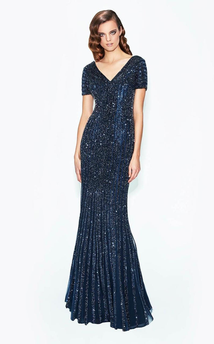 Daymor Couture - 574 Shimmering Shortsleeve V-Neck Evening Gown in Blue