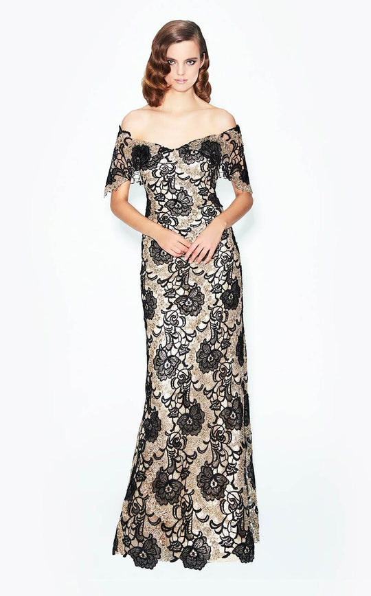 Daymor Couture - Gilded Lacy Rosette Evening Gown  578 in Gold and Black