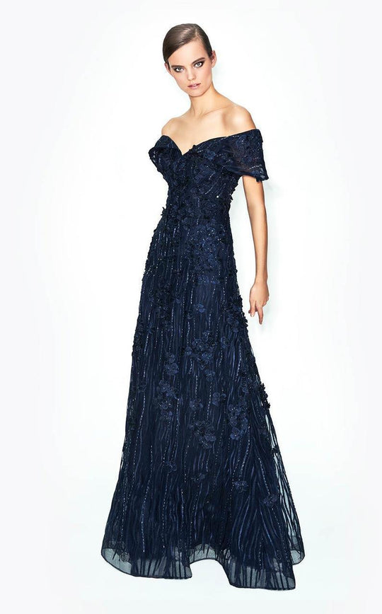 Daymor Couture - 579 Folded Off Shoulder Lace Evening Gown in Blue