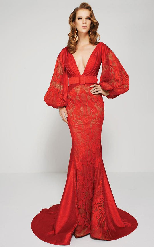 MNM Couture - 2372 Laced Deep V-Neck Trumpet Dress in Red