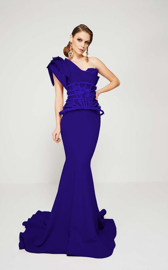 MNM Couture - 2375 Floral Asymmetric Mermaid Dress in Blue