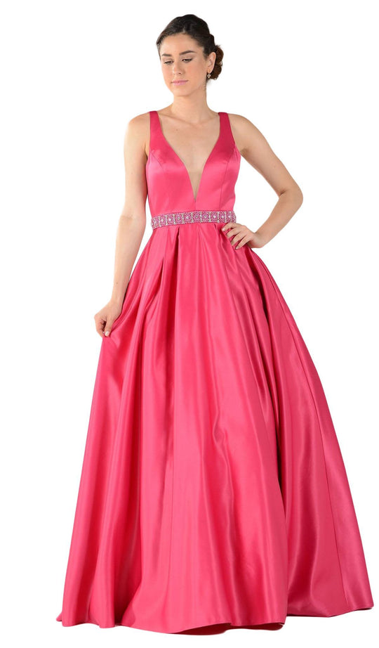 Poly USA - 7932 Plunging V-Neck Beaded Waist Ballgown in Fuschia