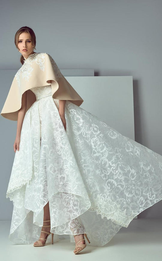 3153 Caped Embroidered Lace Gown