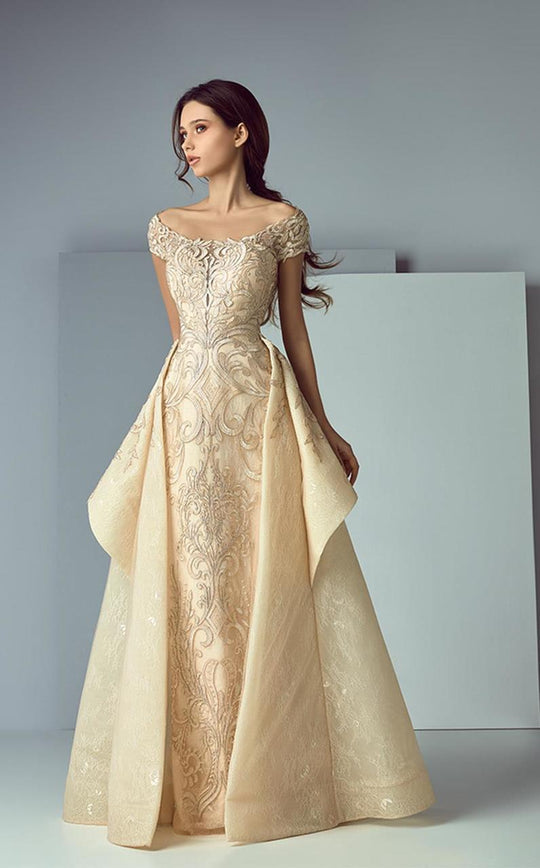 3155 Off-Shoulder Ruffled Overlay Gown