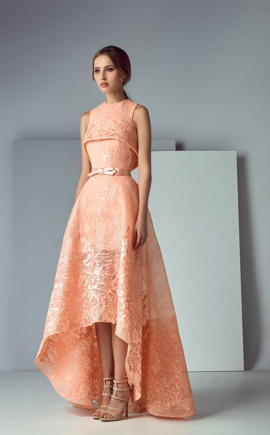 3160 Ribbon Accented Lace High Low Gown