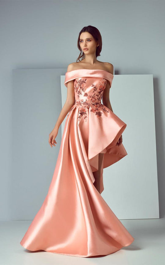 3161 Off Shoulder Satin Applique Gown