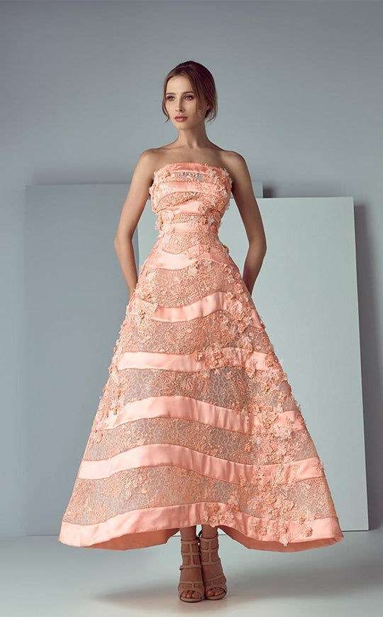 3162 Strapless Striped Applique Gown