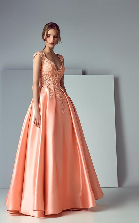 3168 Cap Sleeve Appliqued Ballgown