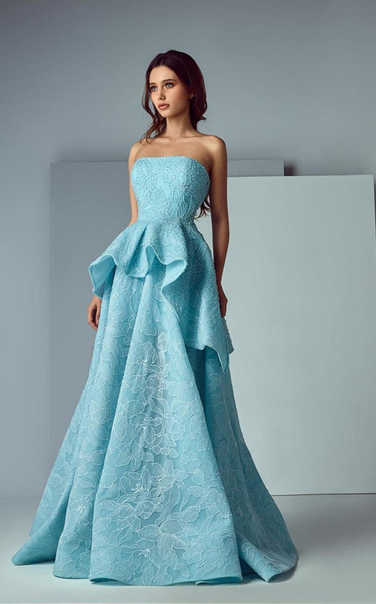 3175 Asymmetrical Peplum Ornate Gown