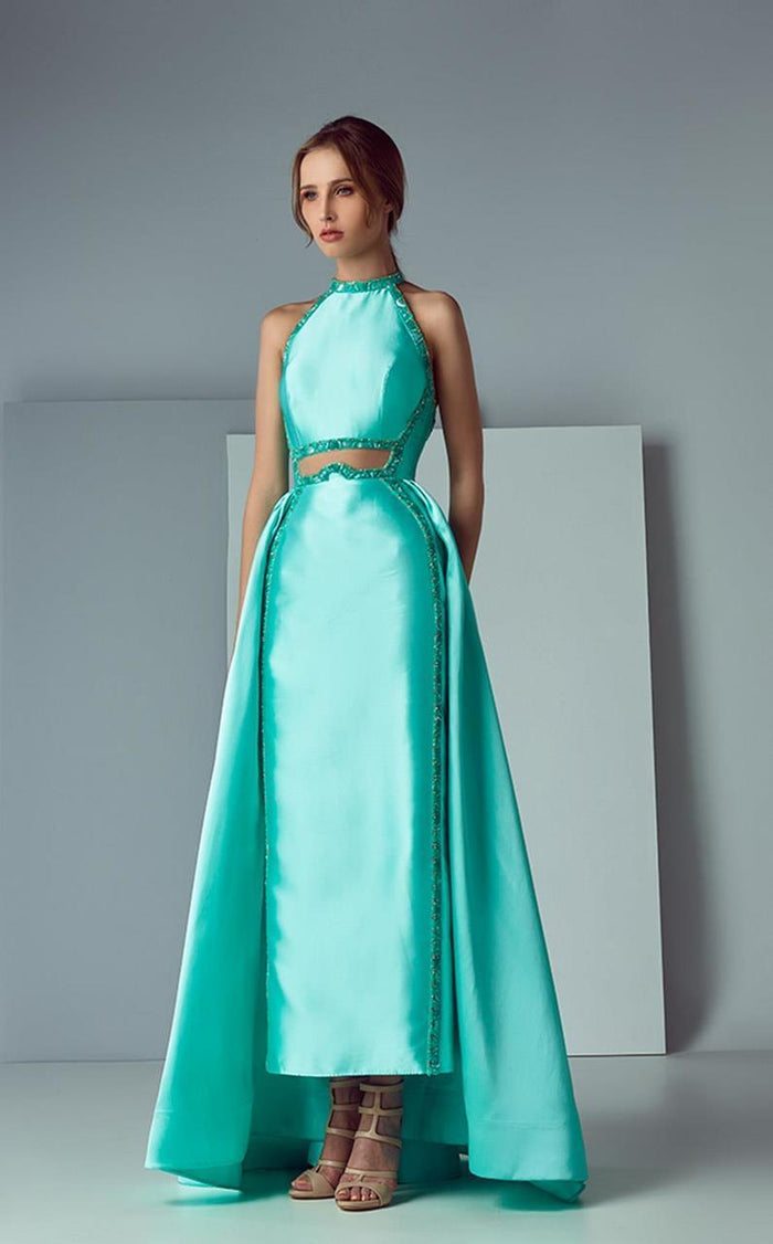 3180 Jeweled Halter Overskirt Gown
