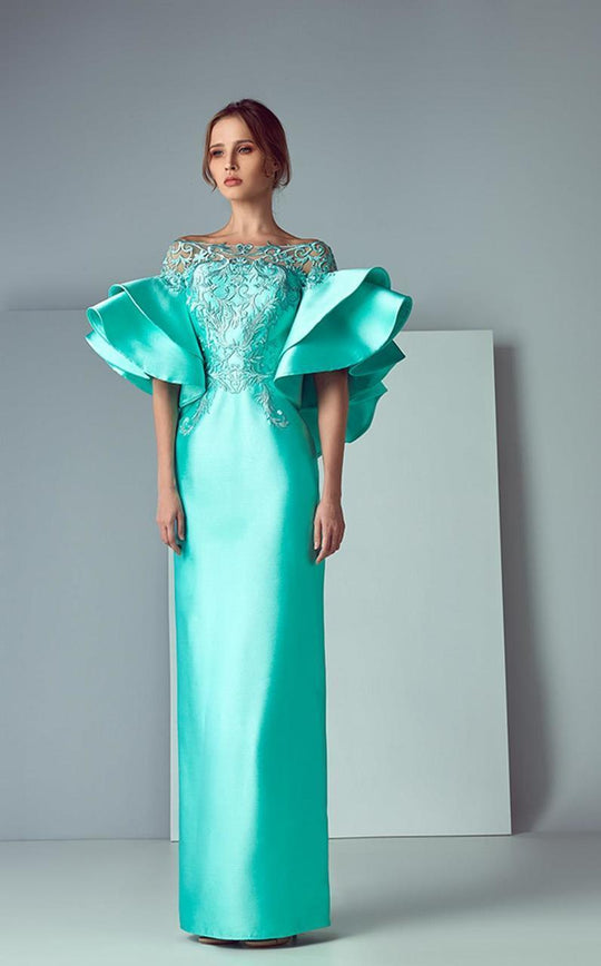 3181 Tiered Illusion Off-Shoulder Gown