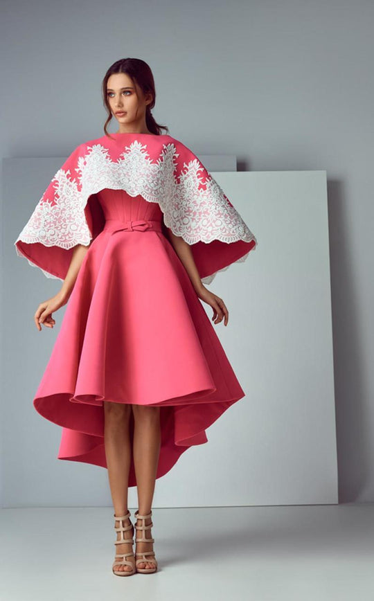 3184 Embroidered Cape High Low Gown