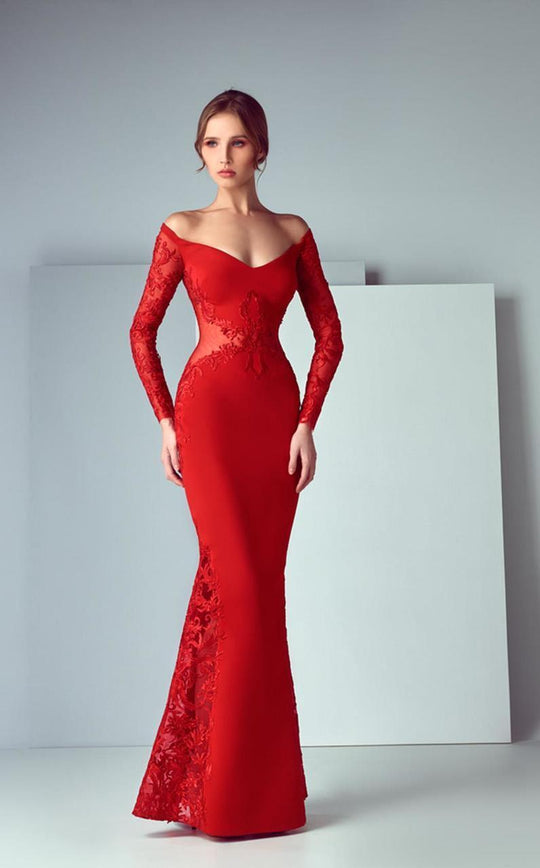 3188 Long Sleeve Scroll Embroidered Gown