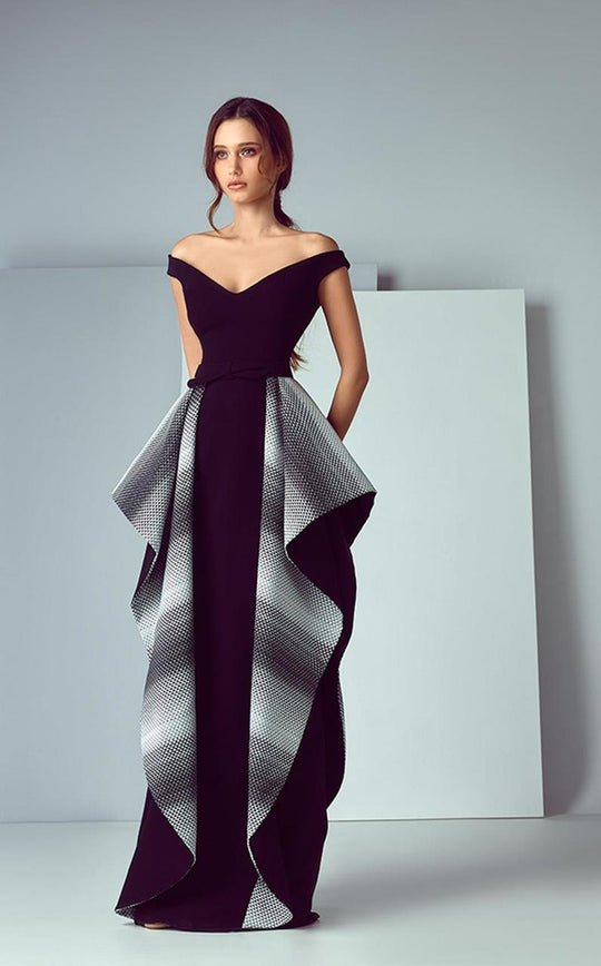 3194 Striped Ruffles Off-Shoulder Gown