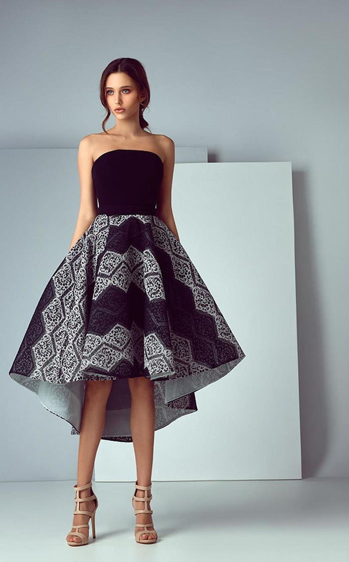 3196 Intricate Strapless High Low Dress