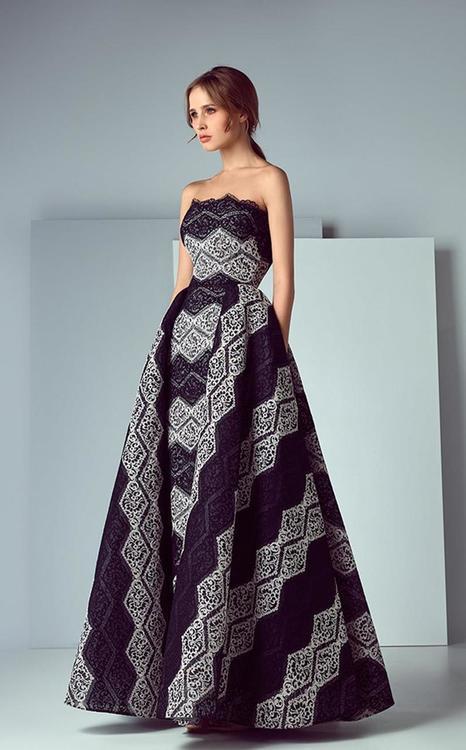 3197 Strapless Printed Scalloped Ballgown