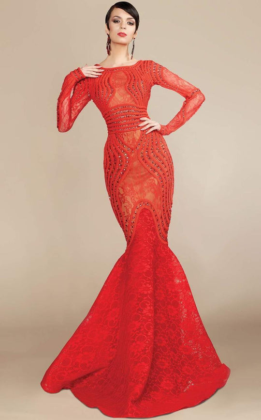 MNM Couture - Ornate Long Sleeve Mermaid Gown 2257A in Red