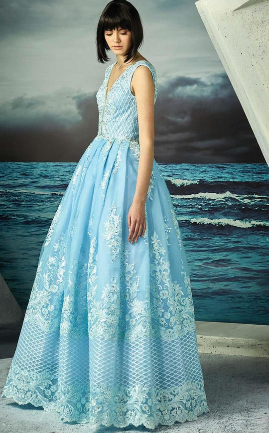 MNM Couture - Embroidered Lace Sleeveless Pleated Gown G0793 in Blue