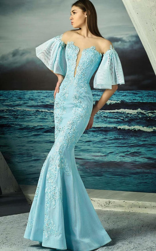 MNM Couture - Embellished Plunging Neck Mermaid Dress G0795 in Blue