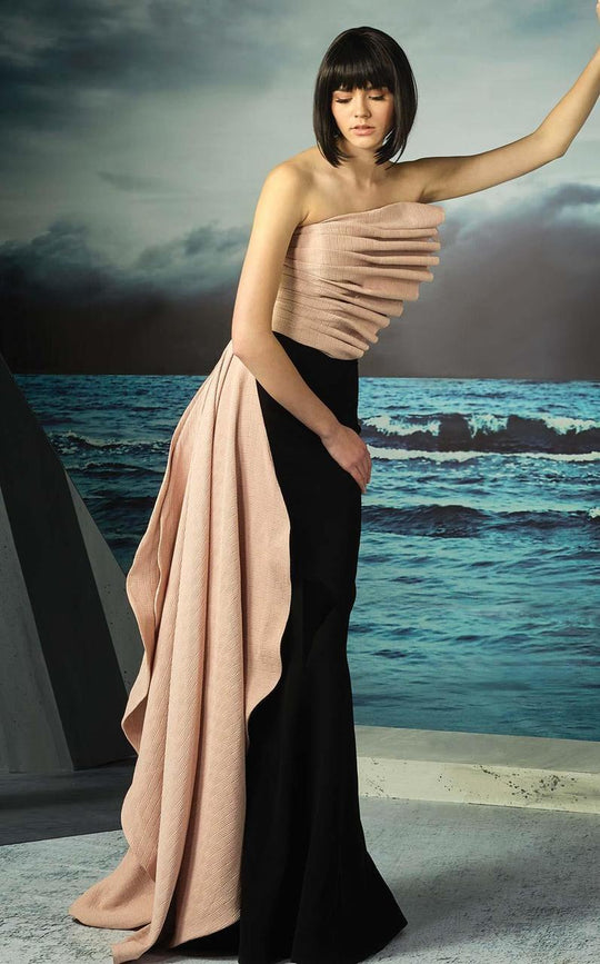 MNM Couture - Pleated Asymmetrical Gown G0806 in Black and Pink