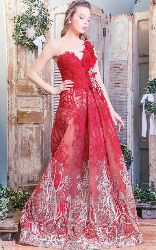 MNM Couture - Asymmetric Neck A-Line Dress K3450 in Red