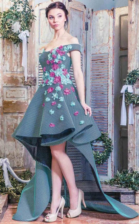 MNM Couture - Off-Shoulder Floral High-Low Gown K3493 in Blue