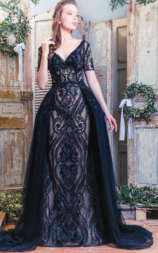 MNM Couture - Short Sleeve V-Neck Embroidered Gown K3521 in Black