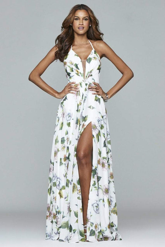 7946 Chiffon v-neck dress with full skirt and lace-up back