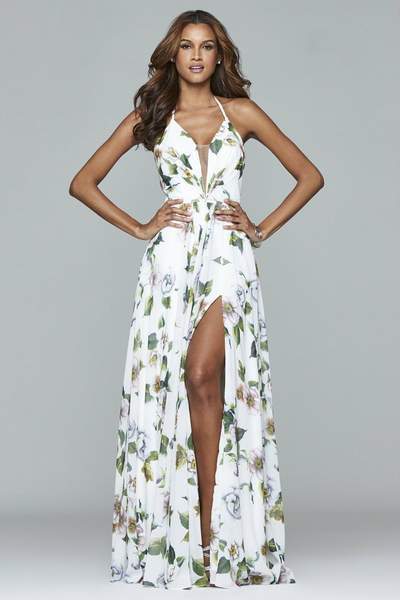 Faviana - 7946 Chiffon v-neck dress with full skirt and lace-up back In White