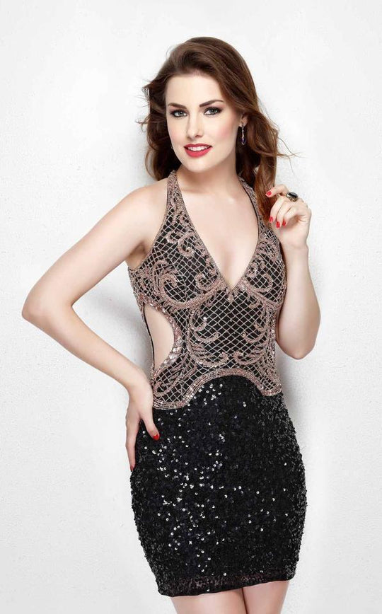 Primavera Couture - 1913 Beaded V-neck Sheath Dress In Black and Pink