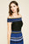 Tadashi Shoji - Powell Pleated Off-The-Shoulder Tea-Length Dress In Blue and Black