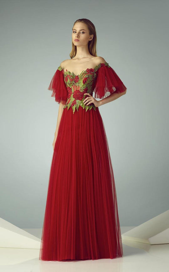 Beside Couture - BC1196 Butterfly Sleeve Embroidered Tulle Gown in Red