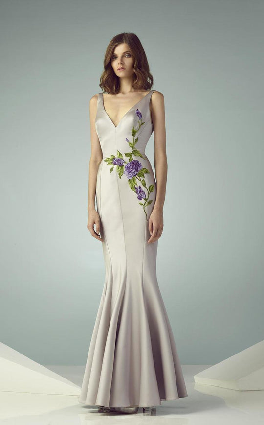 Beside Couture - BC1197 Vibrant Floral Applique Mermaid Gown in Silver and Gray