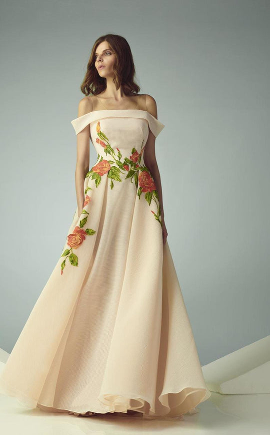 Beside Couture - BC1198 Off-Shoulder Floral Applique Gown in Neutral and Orange