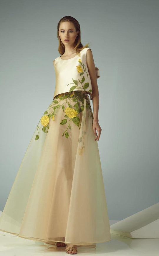 Beside Couture - BC1199 Two-Piece Structured Applique Gown in Yellow