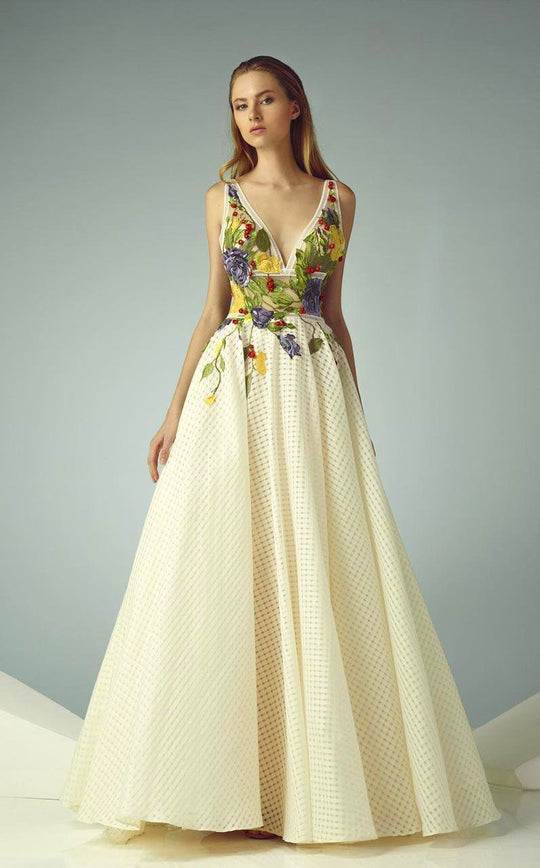 Beside Couture - BC1201 Illusion V-Neck Rosette Gown in Yellow and Purple