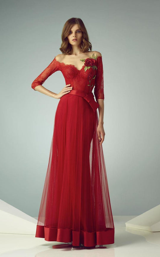 Beside Couture - BC1202 Illusion Flower Applique Lace Gown in Red