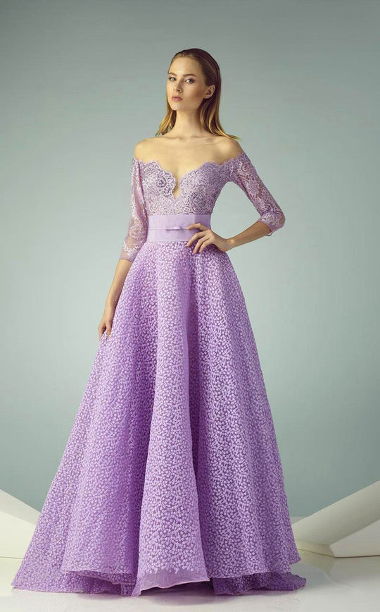 Beside Couture - BC1203 Quarter Sleeve Lace A-Line Gown in Purple