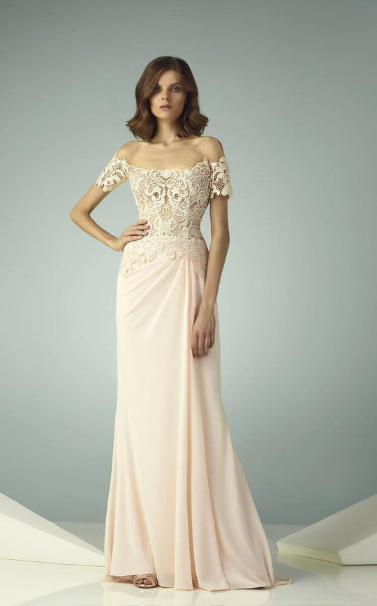 Beside Couture - BC1204 Illusion Off-Shoulder Draped Gown in Pink
